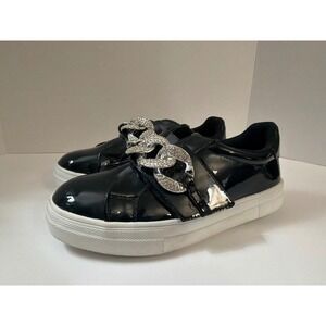 Nina Kids Black Patent Vegan Leather Metallic‎ Rhinestone Chain Sneakers Girls 3